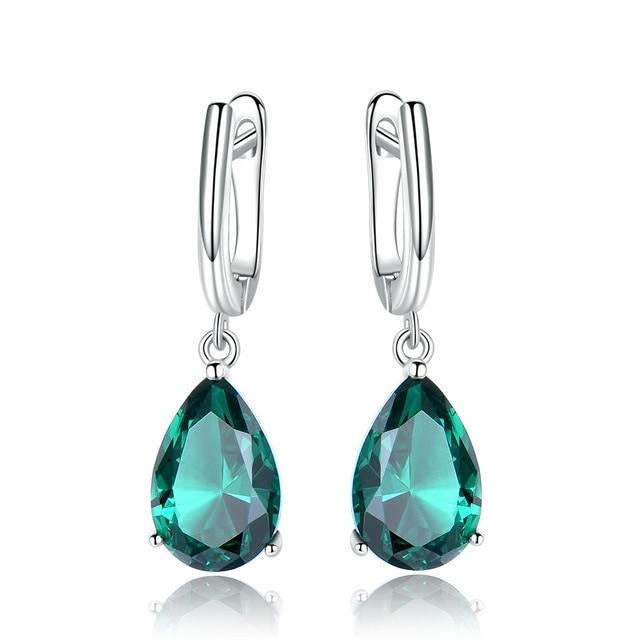 Emerald Sterling Silver Clip On Earrings, Water Drop Design Gemstone Simulant Earrings