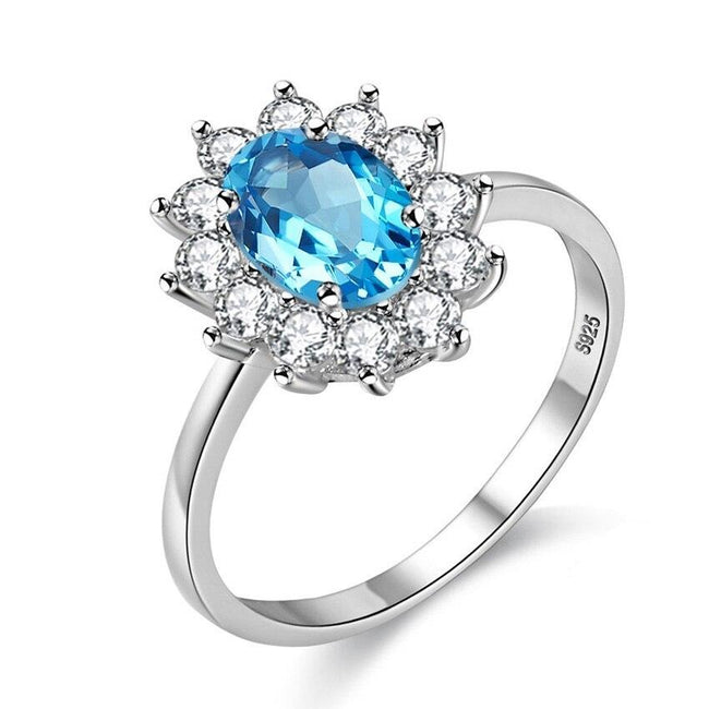 Blue Topaz Diamond Simulant Wedding Ring, 925 Sterling Silver CZ Engagement Ring for Women