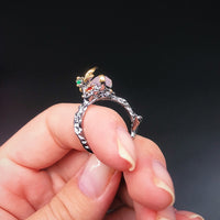 Triangle Cut Pink Zircon Leaf Design Ring for Women, Red Green Purple Diamond Black Finish Ring