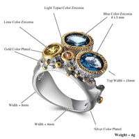 Infinity Colors Unique Wedding Ring for Women, Yellow Brown Blue Zircon Silver and Gold Plated Ring