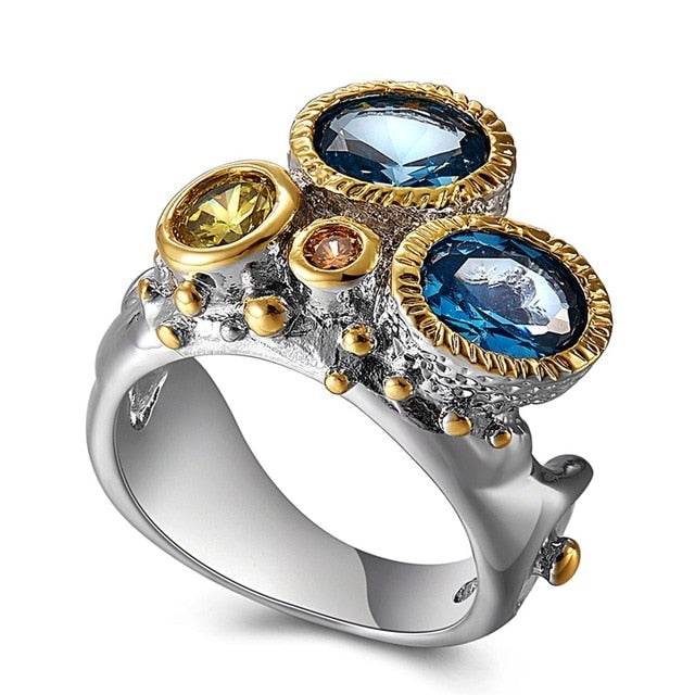 Infinity Colors Unique Wedding Ring for Women, Yellow Brown Blue Zircon Silver and Gold Plated Ring