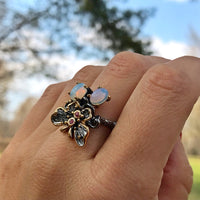 Opal CZ Gunmetal Butterfly Antique Wedding Ring, Gothic Style Vintage Ring for Women