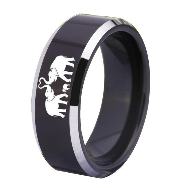 Black Elephant Family Shiny Edges Tungsten Wedding Band Ring for Men