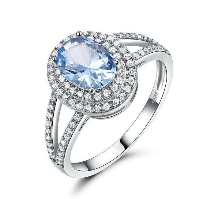 Blue Topaz Halo Split Shank Wedding Ring for Women, 925 Sterling Silver Engagement Ring