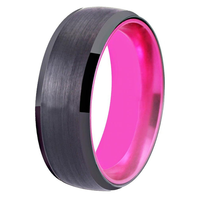 Pink and Black Brushed Tungsten Wedding Band Ring for Men