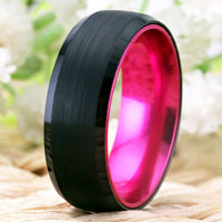 Pink and Black Brushed Tungsten Wedding Band Ring for Men