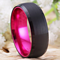 Pink and Black Brushed Tungsten Wedding Band Ring for Men