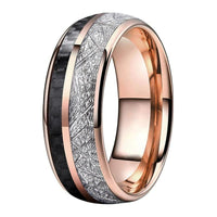 Rose Gold Meteorite and Black Carbon Fiber Tungsten Mens Wedding Band Ring