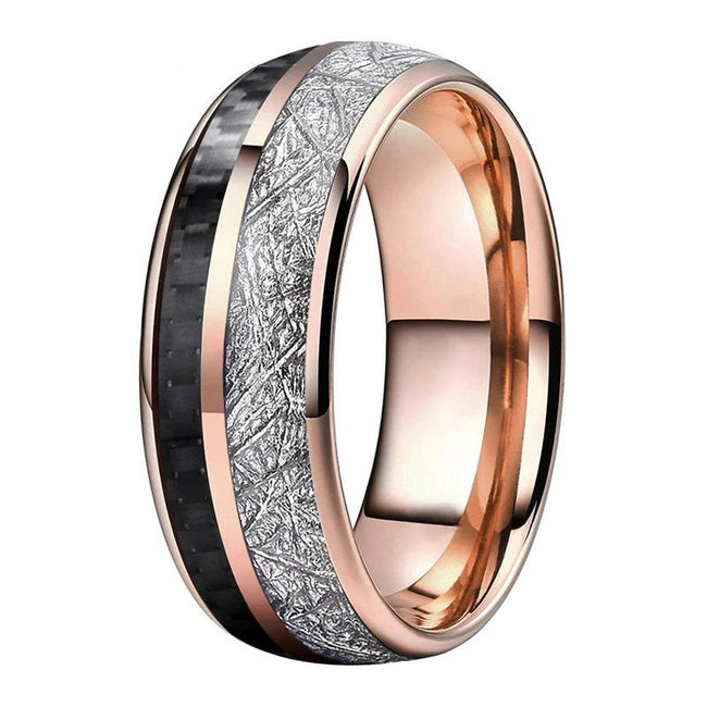 Rose Gold Meteorite and Black Carbon Fiber Tungsten Mens Wedding Band Ring