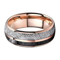 Rose Gold Meteorite and Black Carbon Fiber Tungsten Mens Wedding Band Ring