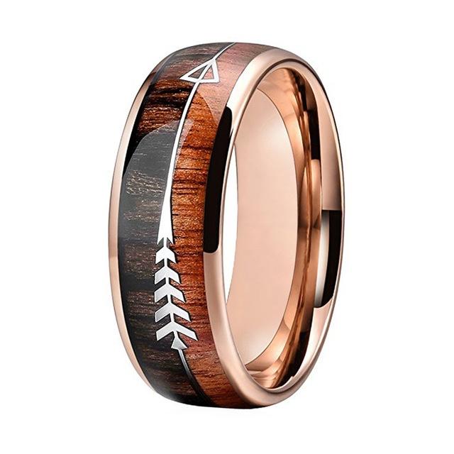 Rose Gold Koa Wood and Arrow Inlay Tungsten Mens Wedding Band Ring