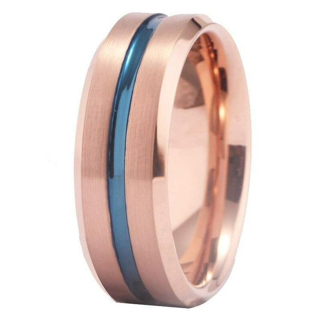 Rose Gold with Blue Groove Tungsten Wedding Band Ring for Men