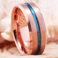 Rose Gold with Blue Groove Tungsten Wedding Band Ring for Men