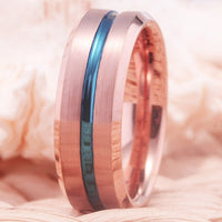 Rose Gold with Blue Groove Tungsten Wedding Band Ring for Men