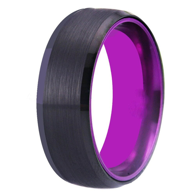 Black and Purple Brushed Tungsten Wedding Band Ring for Men