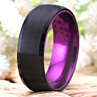 Black and Purple Brushed Tungsten Wedding Band Ring for Men