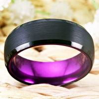 Black and Purple Brushed Tungsten Wedding Band Ring for Men