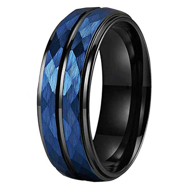 Black and Blue Hammered Tungsten Wedding Band Ring for Men