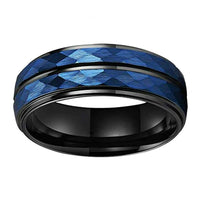 Black and Blue Hammered Tungsten Wedding Band Ring for Men