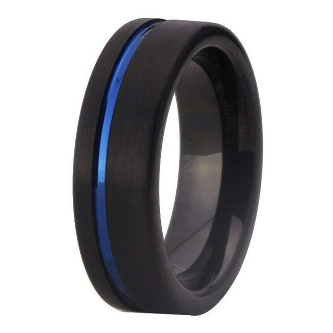 Black with Blue Offset Groove Tungsten Wedding Band Ring for Men