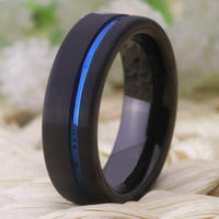 Black with Blue Offset Groove Tungsten Wedding Band Ring for Men