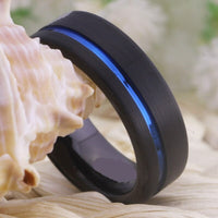 Black with Blue Offset Groove Tungsten Wedding Band Ring for Men