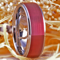 Red and Silver Brushed Tungsten Wedding Band Ring for Men