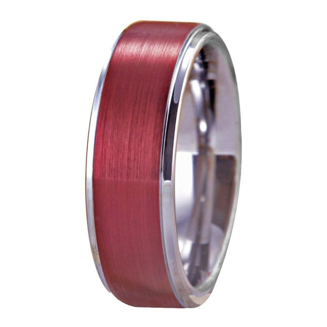 Red and Silver Brushed Tungsten Wedding Band Ring for Men