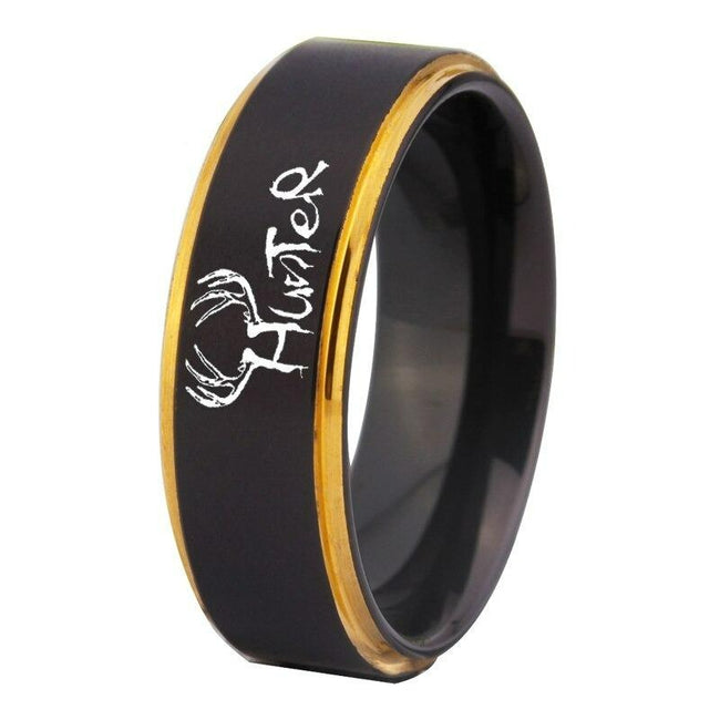 Black and Yellow Gold Elk Hunters Design Tungsten Wedding Band Ring for Men