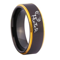 Black and Yellow Gold Elk Hunters Design Tungsten Wedding Band Ring for Men