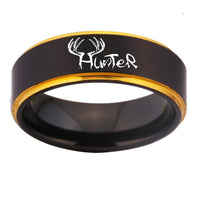 Black and Yellow Gold Elk Hunters Design Tungsten Wedding Band Ring for Men