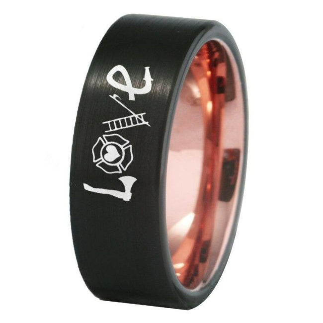 Black and Rose Gold Firefighter Love Design Wedding Band Ring for Men