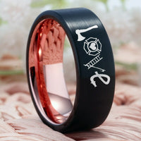 Black and Rose Gold Firefighter Love Design Wedding Band Ring for Men
