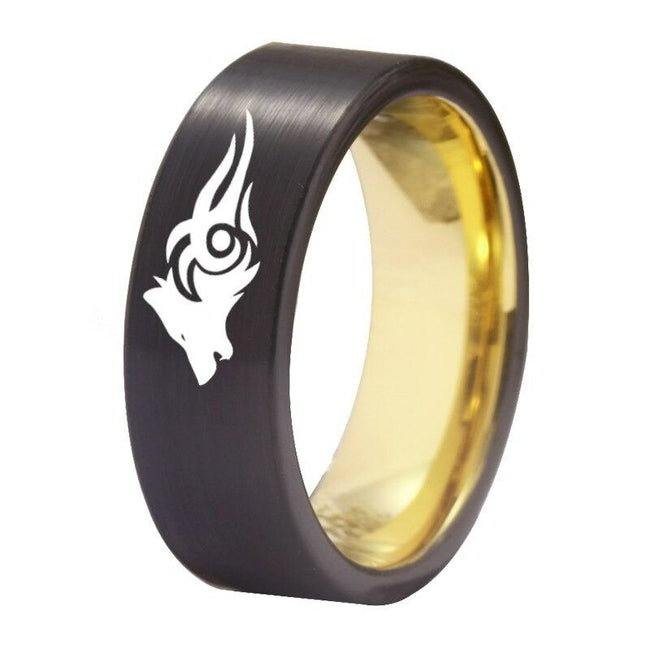 Black and Yellow Gold Wolf Design Tungsten Wedding Band Ring for Men