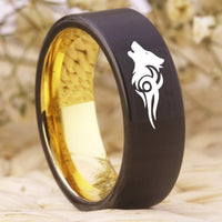 Black and Yellow Gold Wolf Design Tungsten Wedding Band Ring for Men