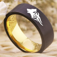 Black and Yellow Gold Wolf Design Tungsten Wedding Band Ring for Men