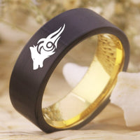 Black and Yellow Gold Wolf Design Tungsten Wedding Band Ring for Men