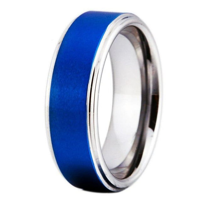 Silver and Blue Brushed Tungsten Wedding Band Ring for Men