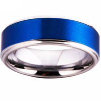Silver and Blue Brushed Tungsten Wedding Band Ring for Men