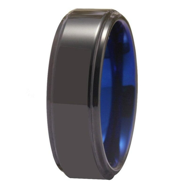 Black and Blue Stepped Edges Tungsten Wedding Band Ring for Men