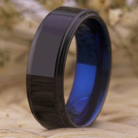 Black and Blue Stepped Edges Tungsten Wedding Band Ring for Men