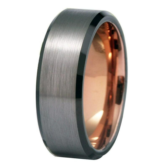 Rose Gold and Silver Brushed Tungsten Wedding Band Ring for Men with Black Edges