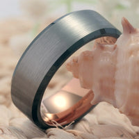 Rose Gold and Silver Brushed Tungsten Wedding Band Ring for Men with Black Edges
