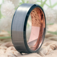 Rose Gold and Silver Brushed Tungsten Wedding Band Ring for Men with Black Edges