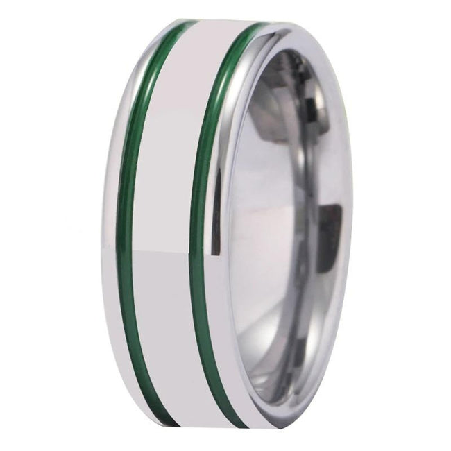 Silver with Green Grooves Tungsten Wedding Band Ring for Men