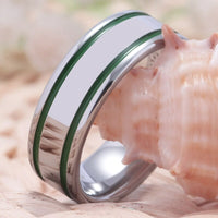 Silver with Green Grooves Tungsten Wedding Band Ring for Men