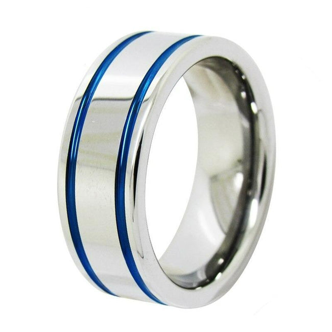 Silver with Blue Grooves Tungsten Wedding Band Ring for Men